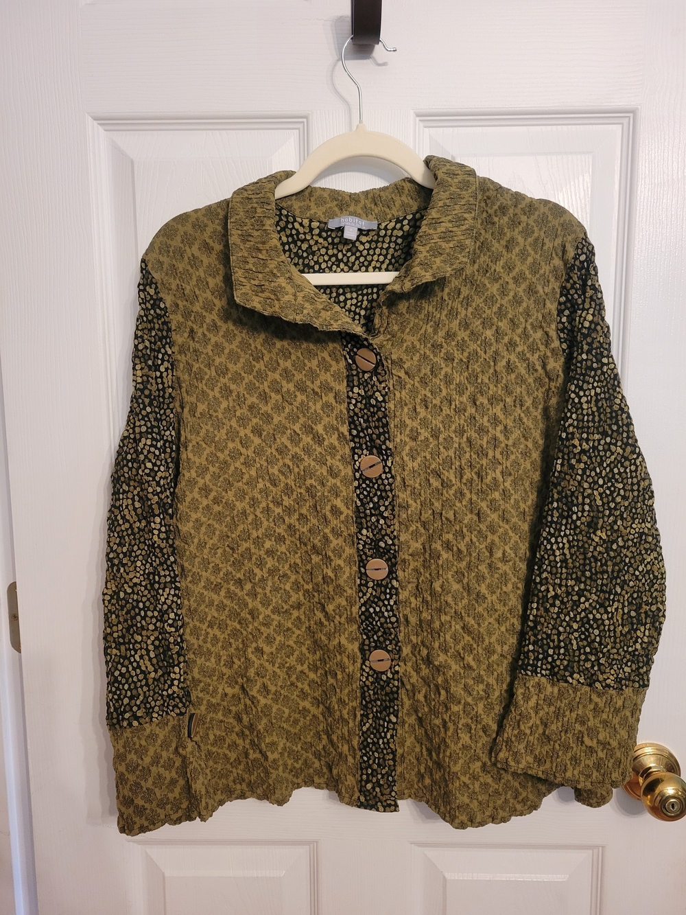 Habitat Olive Green Textured Button-Up Shirt with Patterned Sleeves
